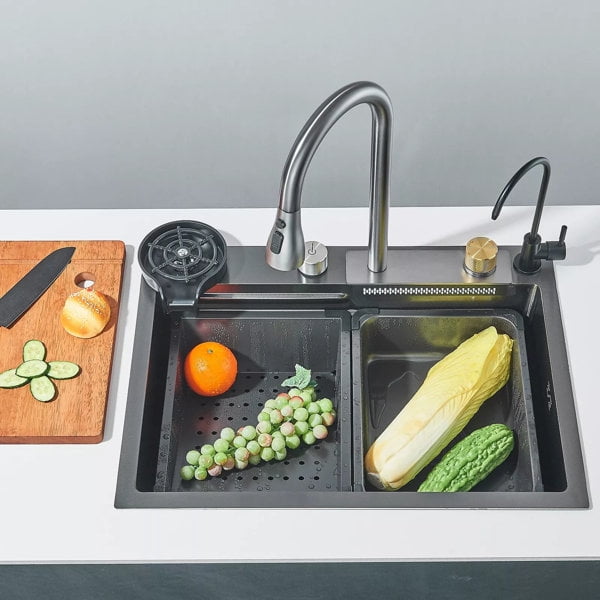 Matte Gray 24 in Flying Rain Stainless Steel Waterfall Kitchen Sink with Faucet Single Bowl