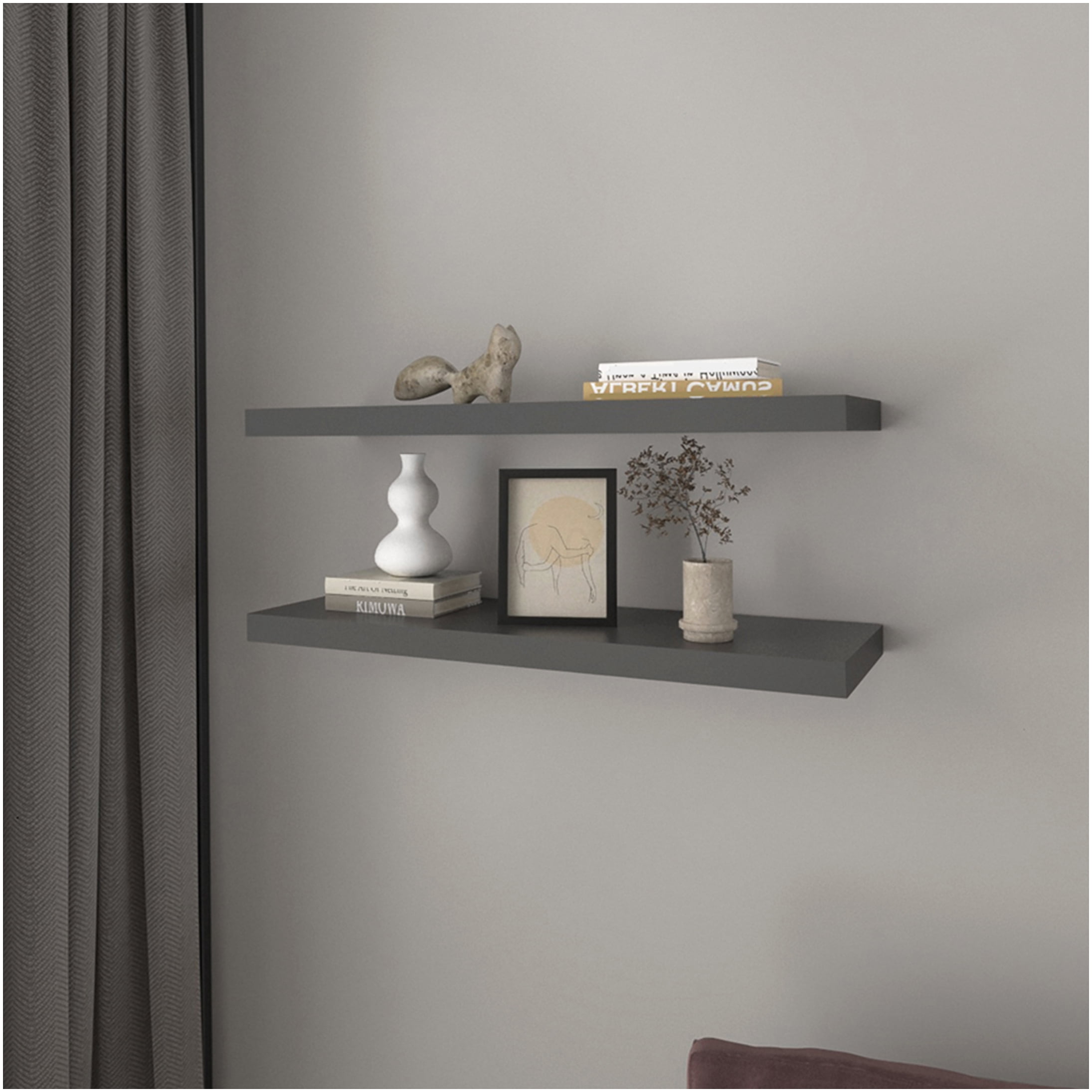 Matte Gray Floating Shelves, Set of 2 Wall Mounted Shelves for Living Room, Bedroom, Office Decor