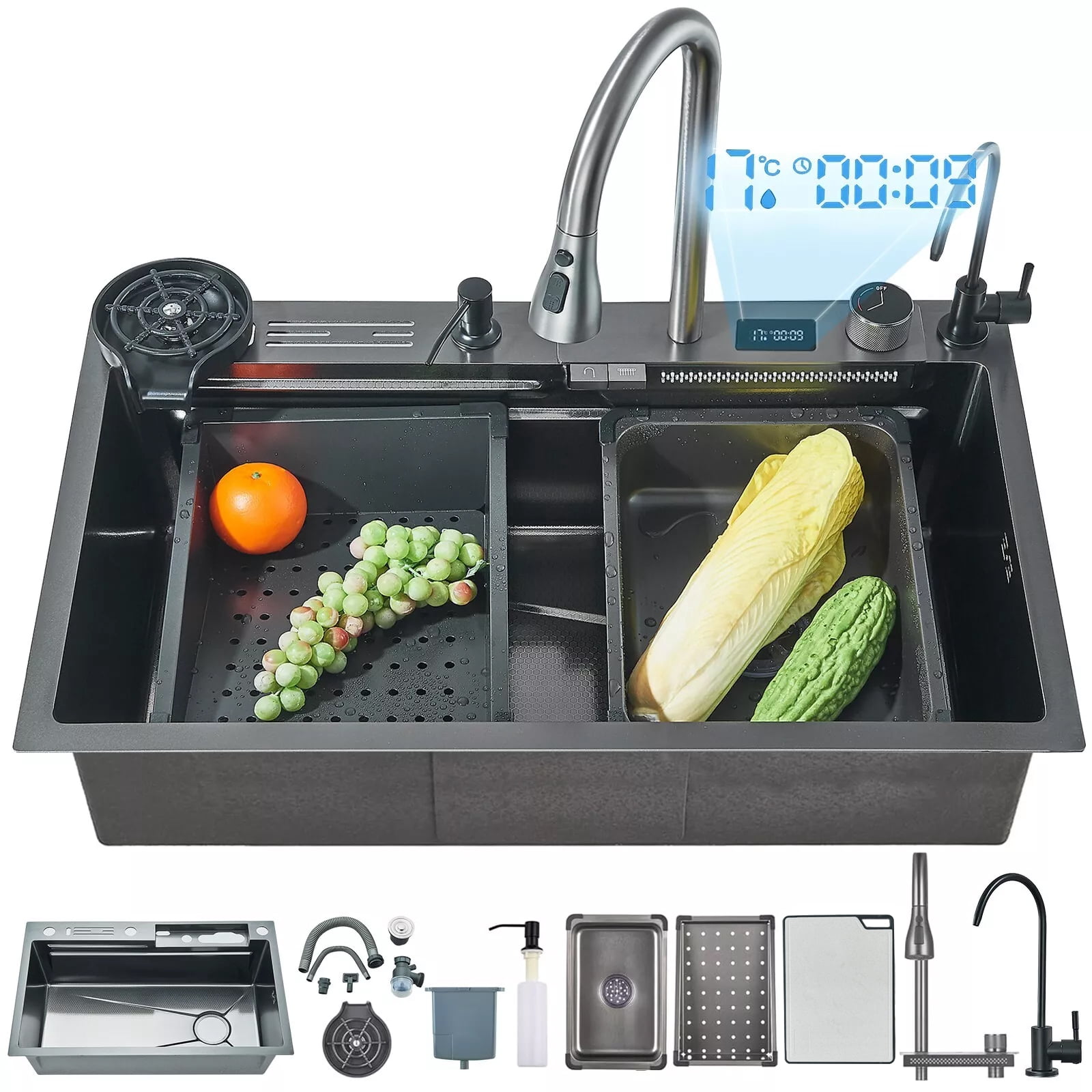 Matte Gray Flying Rain Stainles Steel Watefall Kitchen Sink with Pull Down Faucet 29.52inch