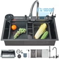 thumbnail image 1 of Matte Gray Flying Rain Stainles Steel Watefall Kitchen Sink with Pull Down Faucet 29.52inch, 1 of 22