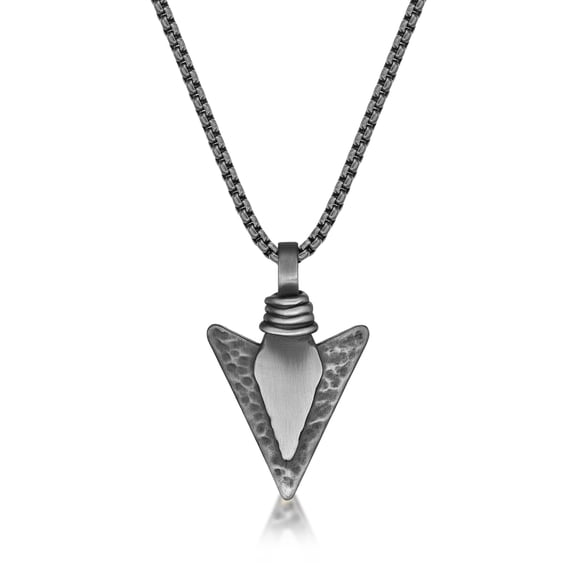 Matte Gray Ion Plated Arrow Head Pendant For Men - 24 Inch Round Box Chain