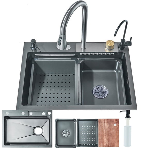 Matte Gray Stainless Steel Kitchen Sink Set Single Large Bowl Pull Out Mixer Taps Waste Kit 23.64inch Stainless Steel Kitchen Sink Set Single Large Bowl Pull Out Mixer Taps Waste Kit 23.64inch