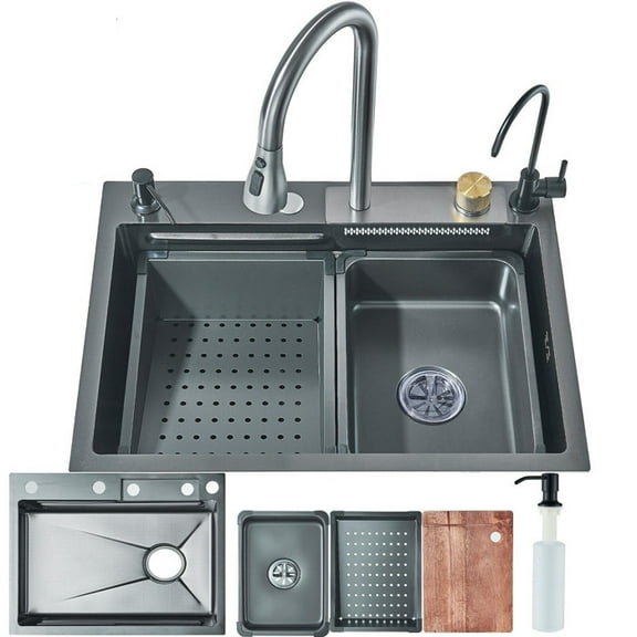 Matte Gray Stainless Steel Kitchen Sink Set Single Large Bowl Pull Out Mixer Taps Waste Kit 23.64inch Stainless Steel Kitchen Sink Set Single Large Bowl Pull Out Mixer Taps Waste Kit 23.64inch