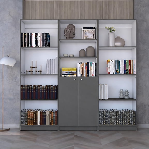 Matte Gray and White 3 Piece Living Room Bookcase Set, 74 Inch Wide 11 Shelf Particle Board Construction