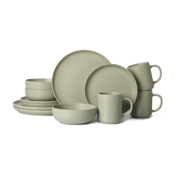 Matte Green Dinnerware Set of 12, Stoneware Dinnerware for 3, Microwave & Dishwasher Safe, Stackable Design for Kitchen and Dining - Plates, Bowls and Mugs