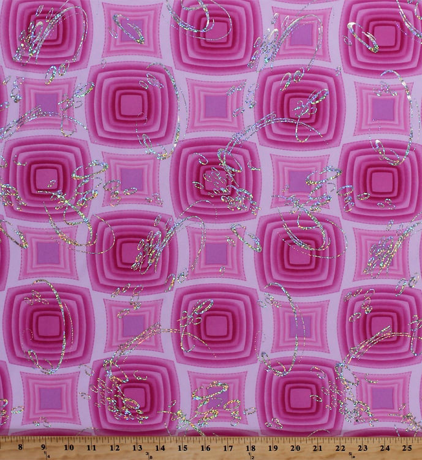 Polyester Squres Matte Jersey Polyester Spandex Pink Squares Silver Metallic Swirls ...