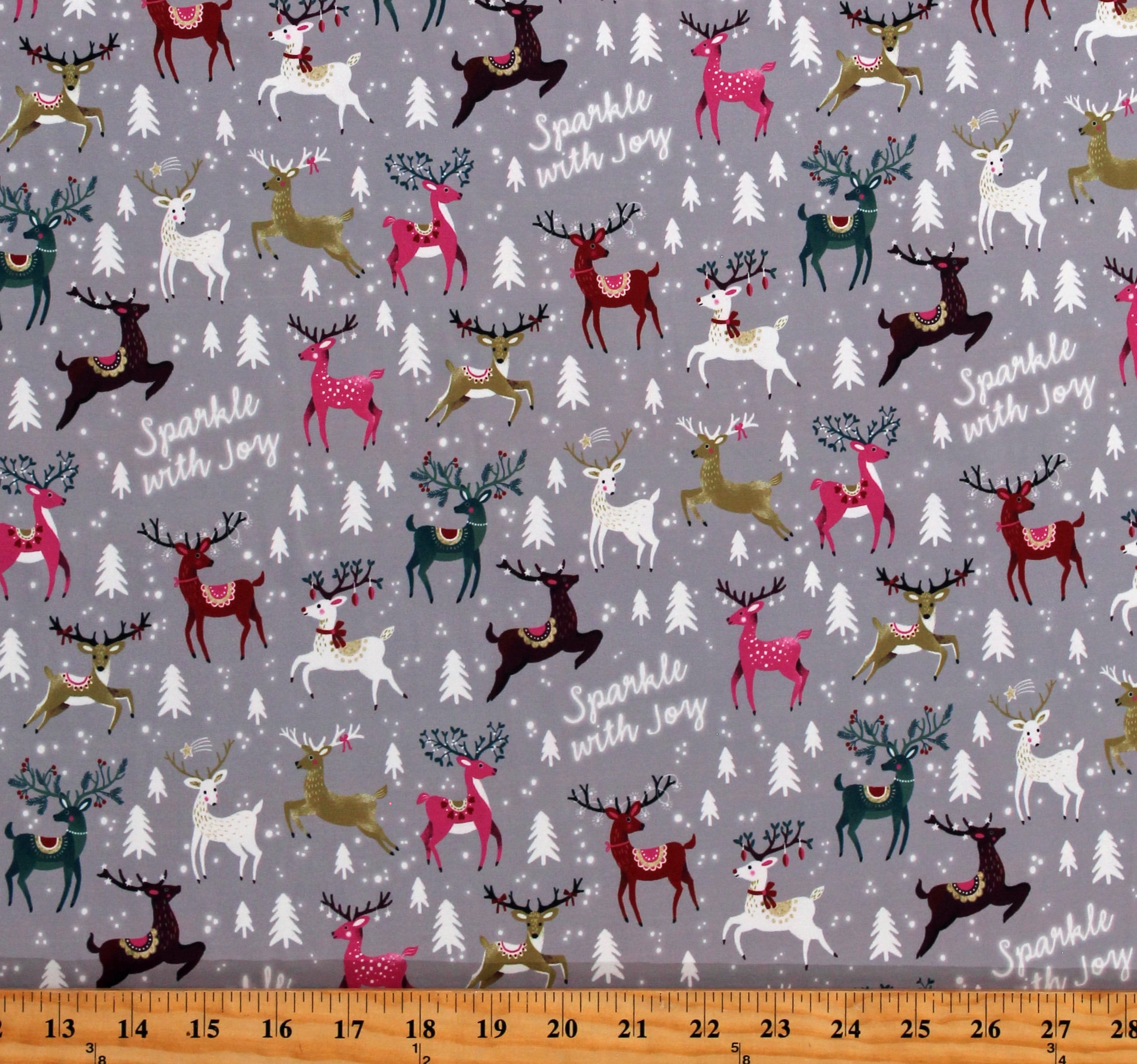 Matte' Jersey Reindeer Christmas Winter Holidays Sparkle with Joy Gray 60" Wide Polyester/Spandex Fabric by the Yard (3259F-8F)