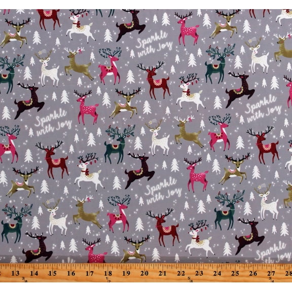 Matte' Jersey Reindeer Christmas Winter Holidays Sparkle with Joy Gray 60" Wide Polyester/Spandex Fabric by the Yard (3259F-8F)