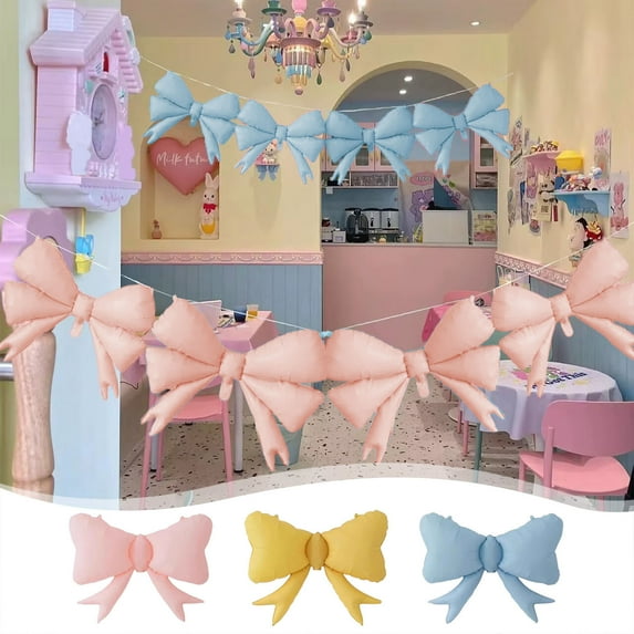 Matte Korean Style Macaron Bow Aluminum Foil Balloons - 5-Pack Pastel Pink, Yellow, Blue Party Decorations for Kids' Birthdays, Kindergarten Celebrations, 24.4" Large Size