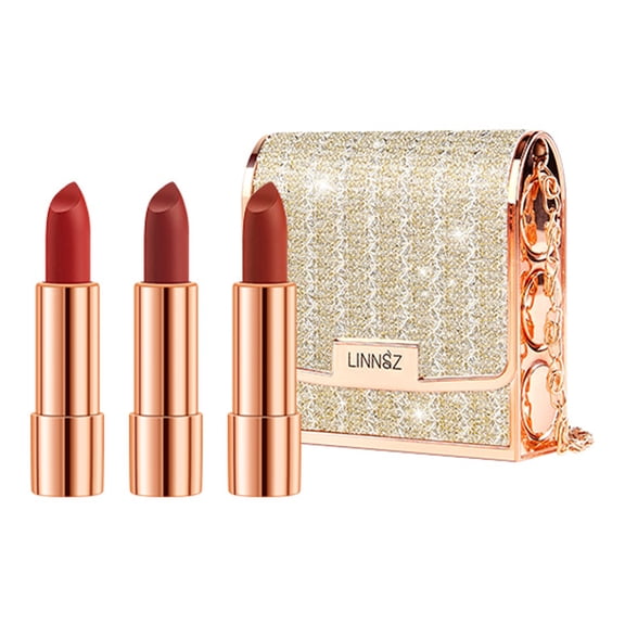 Matte Lipstick Set 3 Colors Lip Stick with Sliver Chain Bag Package Velvet Lip stick Set Waterproof Non-Stick Cup Long Lasting Retractable Red Lipstick Set 3.5gx3 Pcs