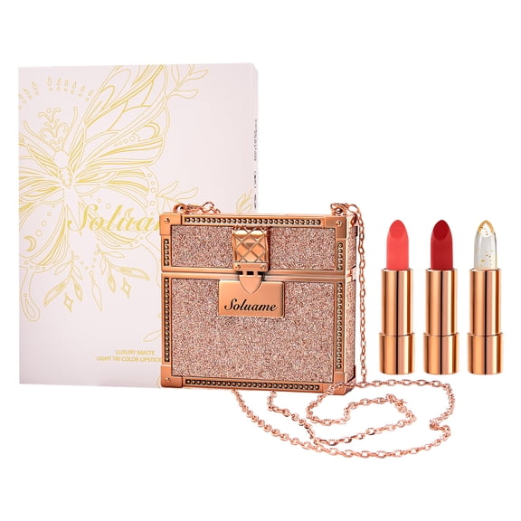 Matte Lipstick Set 3 Colors Lip Stick with Sliver Chain Bag Package Velvet Lip stick Set Waterproof Non-Stick Cup Long Lasting Retractable Red Lipstick Set 3.5gx3 Pcs