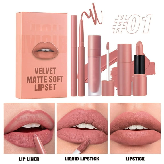 Matte Lipstick Set Waterproof Long Lasting Lip Gloss Lip Liner 3-in-1 Lip Makeup Kit Non Stick Cup Nude Velvet Finish Soft Smooth Texture
