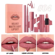 Matte Lipstick Set Waterproof Long Lasting Lip Gloss Lip Liner 3-in-1 Lip Makeup Kit Non Stick Cup Nude Velvet Finish Soft Smooth Texture