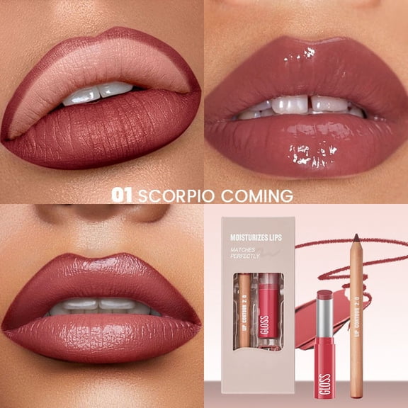 Matte Liquid Lipstick + Lip Liner Pens Set, 24H Long-Lasting Lip Kit with Lip Liner and Gloss, Nourishing, Non-Sticky Tinted Stain Lip Gloss Plumping Lip Oil Set for Women, One Step Lips Makeup Sets