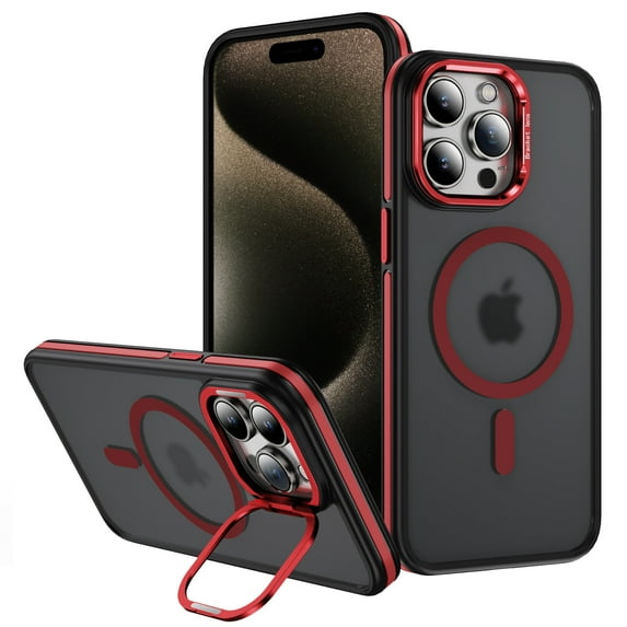 Matte Magnetic Back Cover Case for Apple iPhone 16 Pro Max, Camera Lens Kickstand Compatible with Magsafe Slim Fit Rugged Drop Protection Shockproof Phone Case for Women Men, Red