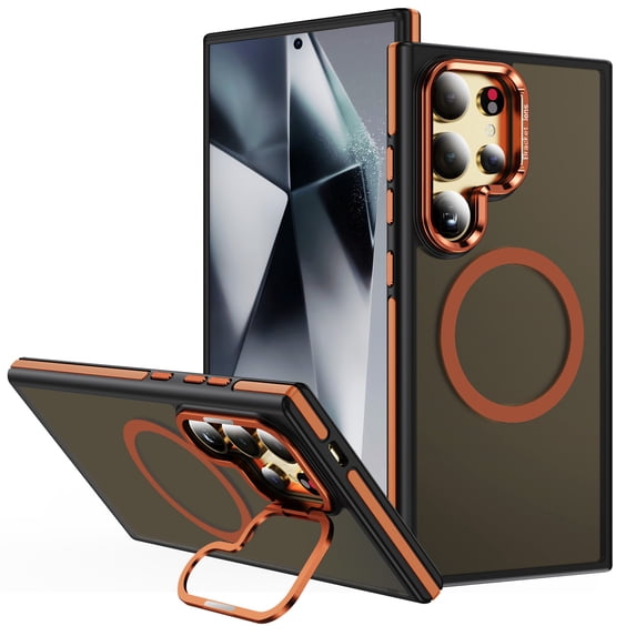 Matte Magnetic Back Cover Case for Samsung Galaxy S25+ Plus, Camera Lens Kickstand Compatible with Magsafe Slim Fit Rugged Drop Protection Shockproof Phone Case for Women Men, Orange