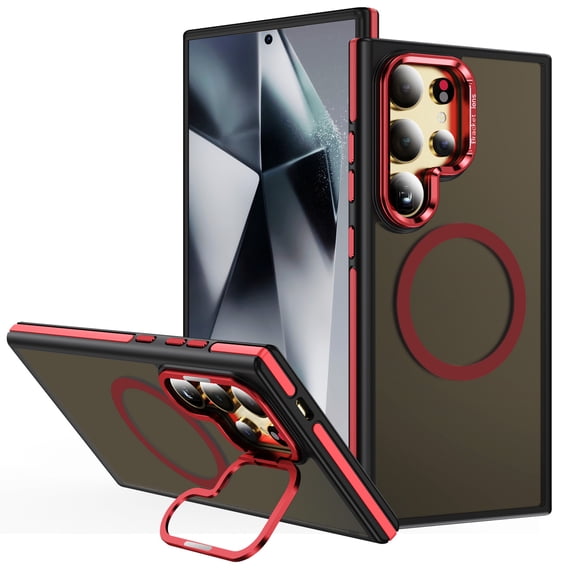 Matte Magnetic Back Cover Case for Samsung Galaxy S25+ Plus, Camera Lens Kickstand Compatible with Magsafe Slim Fit Rugged Drop Protection Shockproof Phone Case for Women Men, Red