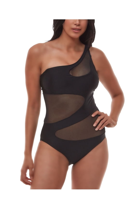 Matte Mesh Cut-Out One-Shoulder One Piece Swimsuit Black L