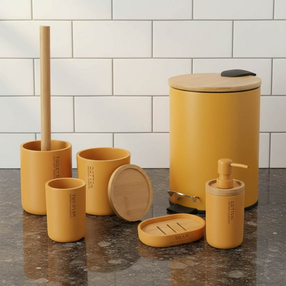 Mustard Yellow Bathroom Accessories with Natural Accents, Modern 6-piece Set