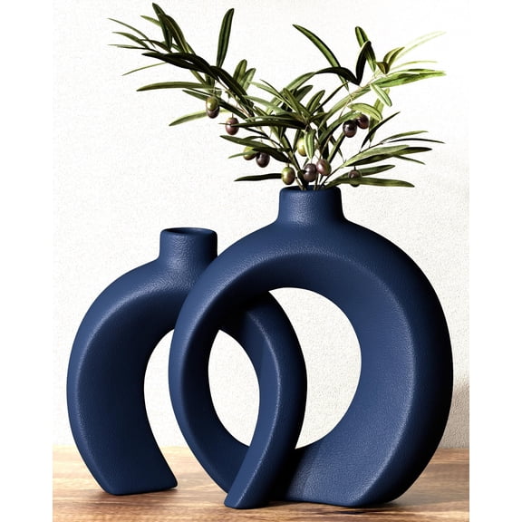 Matte Navy Blue Ceramic Donut Vase Set of 2 for Home Decor