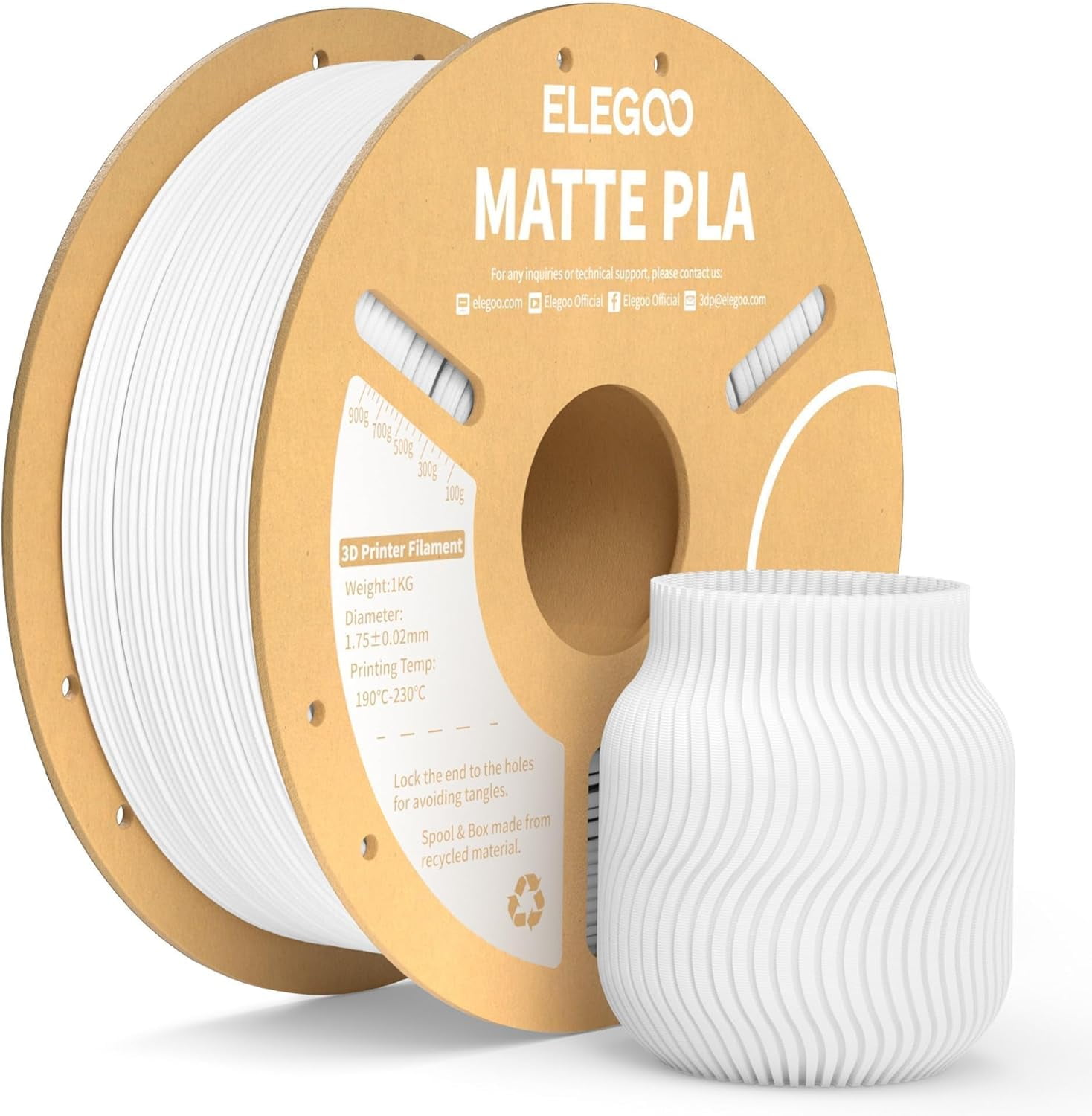 Matte PLA Filament Matte White 1KG, 1.75mm 3D Printer Filament Dimensional Accuracy +/- 0.02mm, 1kg Carboard Spool (2.2lbs) for Most FDM 3D Printers