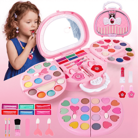 Kids Makeup Kit for Girl, Non-Toxic Toys Toddler Cosmetic With Mirror, Real Washable Kids Makeup Sets for Girls 5-8 Year Old Gifts