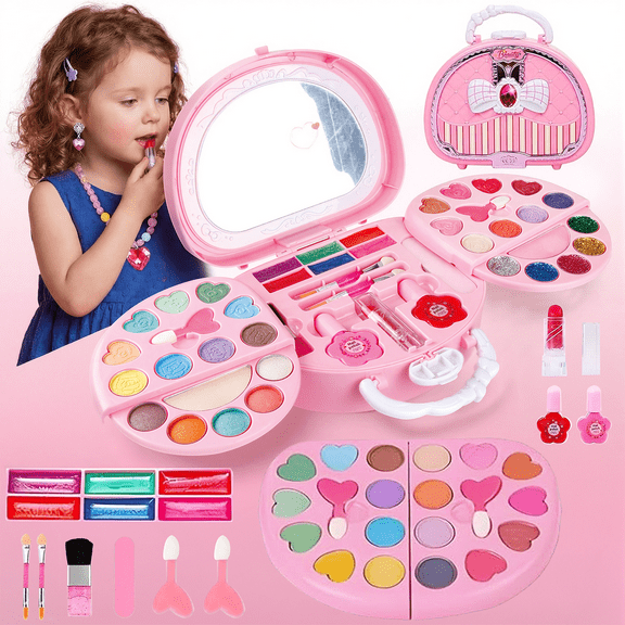 Kids Makeup Kit for Girl, Non-Toxic Toys Toddler Cosmetic With Mirror, Real Washable Kids Makeup Sets for Girls 5-8 Year Old Gifts