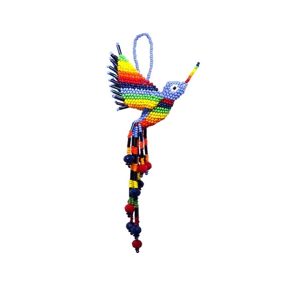 Matte Rainbow Hummingbird Hanging Figurine Ornament Czech Glass Seed Bead Fringe Tail Dangles - Handmade Gifts Spirit Animal Boho Accessories