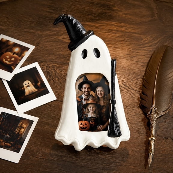 Matte Resin Witch Ghost Photo Frame Figurine, Monochrome Gothic Halloween Tabletop Decor, Spooky Mantel Tiered Tray Personalized Picture Display Accent for Seasonal Home Displays