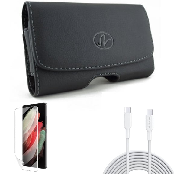 Matte Screen Protector & 10ft Long Type-C Cable & Case Belt Clip for Samsung Galaxy S22 Plus (S22+) - Combo TPU Film Anti-Glare & Fast Charger Cord PD Power & Leather Swivel Holster
