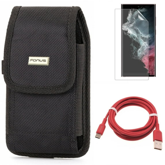 Matte Screen Protector & Case Belt Clip & 6ft USB-C Cable for Samsung Galaxy S22 Ultra (6.8") - Combo TPU Film Anti-Glare Anti-Fingerprint & Swivel Holster Rugged & Red Charger Cord Power