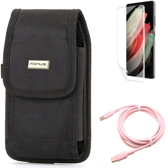 Matte Screen Protector & Case Belt Clip & Pink 10ft Long Cable for Samsung Galaxy S22 Plus (S22+) - Combo TPU Film Anti-Glare & Rugged Holster & USB-C to Type-C PD Fast Charger Cord