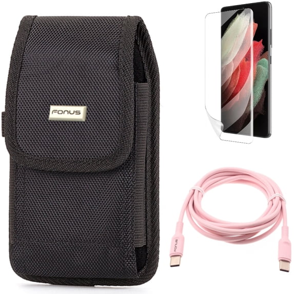 Matte Screen Protector & Case Belt Clip & Pink 6ft Long Cable for Samsung Galaxy S22 Plus (S22+) - Combo TPU Film Anti-Glare & Rugged Holster & USB-C to Type-C PD Fast Charger Cord