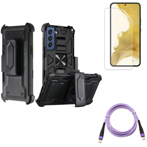 Matte Screen Protector & Case Belt Clip & Purple 10ft PD Cable for Samsung Galaxy S22 (6.1") - TPU Film Anti-Glare & Holster Swivel & Type-C to USB-C Fast Charger Cord Accessory Bundle