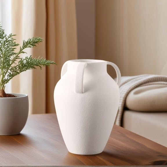 Matte Textured Ceramic Vase White 9.8" with Handles, Decorative Home Accent