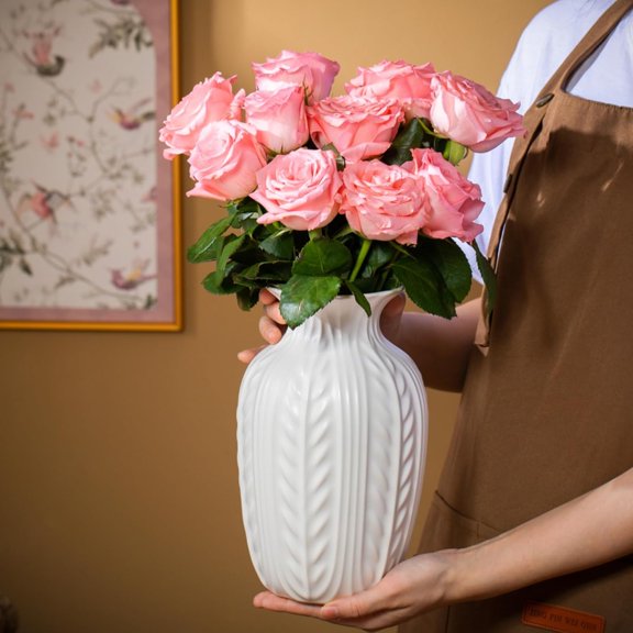 Matte White Ceramic Flower Vase, 10 Inch Unique Wheat Ear Textured Modern Large Vases for Trendy Home Decor Living Room Entryway Shelf Office Rustic Table Centerpiece (Matte White)