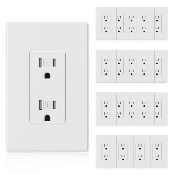 Matte White Decorator Wall Recta Outlets, Tamper Restant 15 Amp Standard Electrical Wall Outlet, Residential Grade, Self-grounding, 125V, Mid Sie Wall Plate Included, UL Lted, 20 Pack