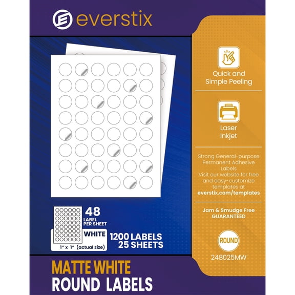 Printable Round Labels, 1" Diameter, 1200 Customizable White Stickers, 25 Sheets, Laser/Inkjet Compatible