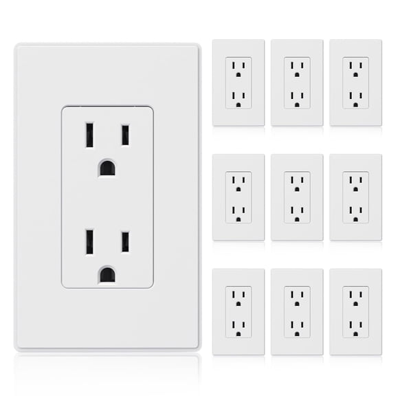 Matte White Standard Decorator Electrical Wall Receptacle Outlet, 15A 125V, 2 Pole 3 Wire, Non-Tamper Resistant, NEMA 5-15R, Self-Grounding, Wall Plate Included, UL Listed, 10 Pack