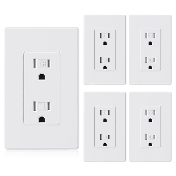 Matte White Tamper Resistant Decorator Wall Receptacle Outlet, 15A 125V Electrical Outlet, Residential Grade, Self-grounding, Screwless Wall Plate Included, UL Listed, 5 Pack