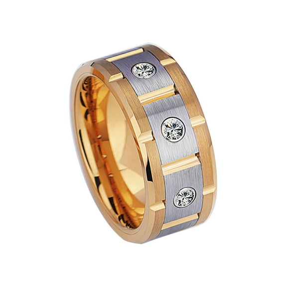 Matte Yellow Gold Plated 9mm Titanium Steel Mens Ring Men Wedding Band AAA CZ Man Ring