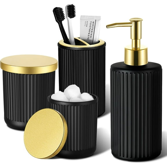 4-Piece Glass Bathroom Accessories Set, Ribbed Soap Dispenser and Toothbrush Holder Set with 2 Qtip Holders, Bathroom Decor