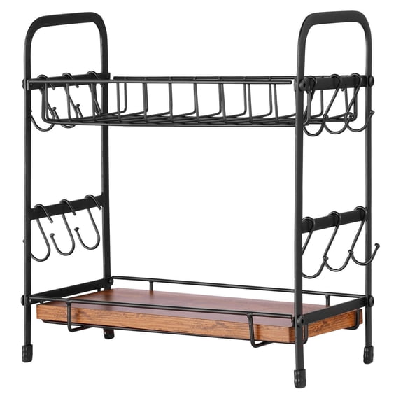 Matte black two-layer coffee bar storage cabinet, countertop, with 12 removable hooks and 2 storage racks, multi-function cup holder coffee station home office