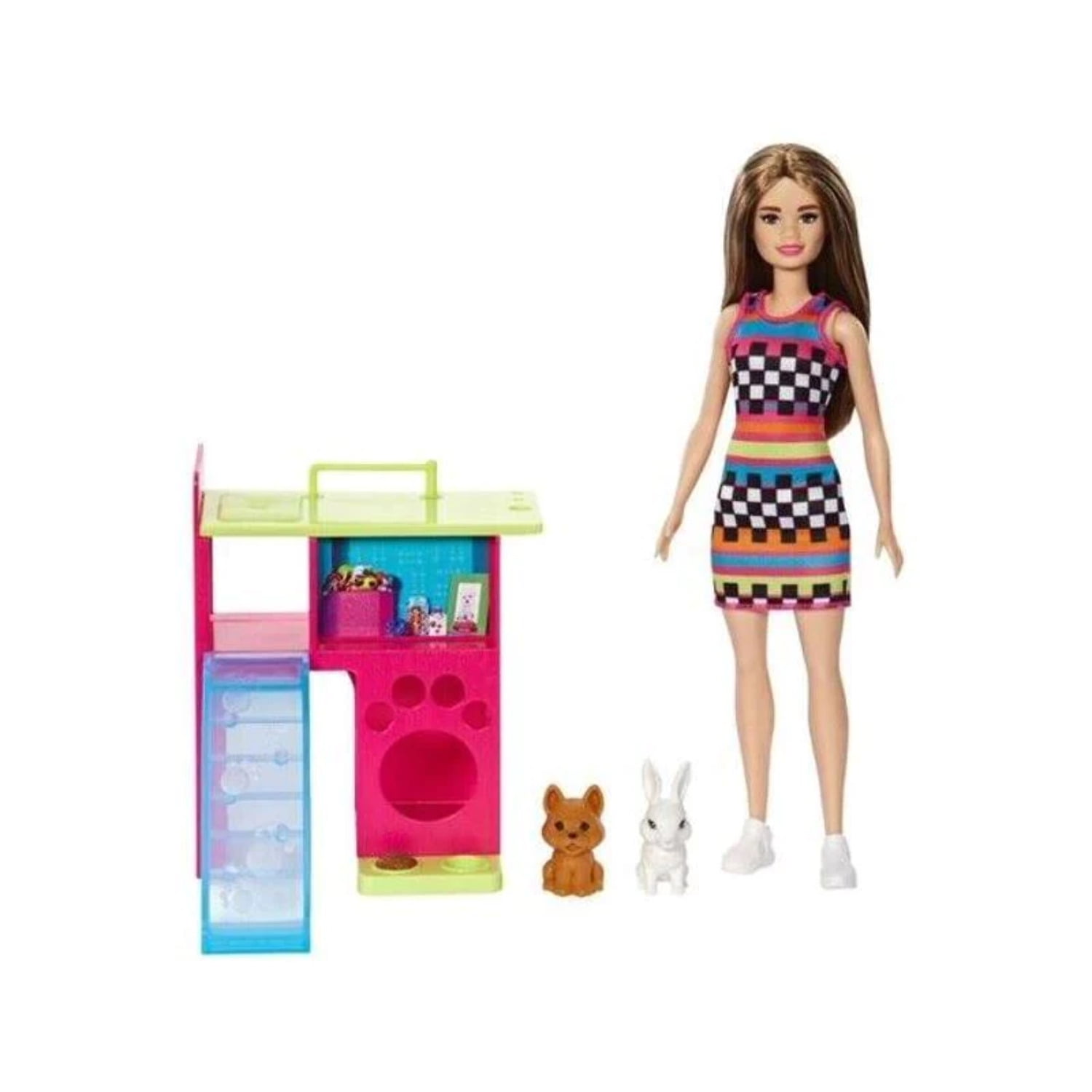 Mattel - Barbie Doll - BARBIE & PETS PLAYSET (Brunette w/ Checkered Dress,  Dog, Bunny & more) HGM62