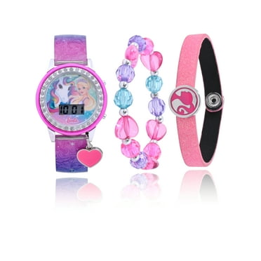 Mattel Barbie Girls Flashing LCD Pink Ombre Silicone Watch & Matching Bracelet 3 Piece Set