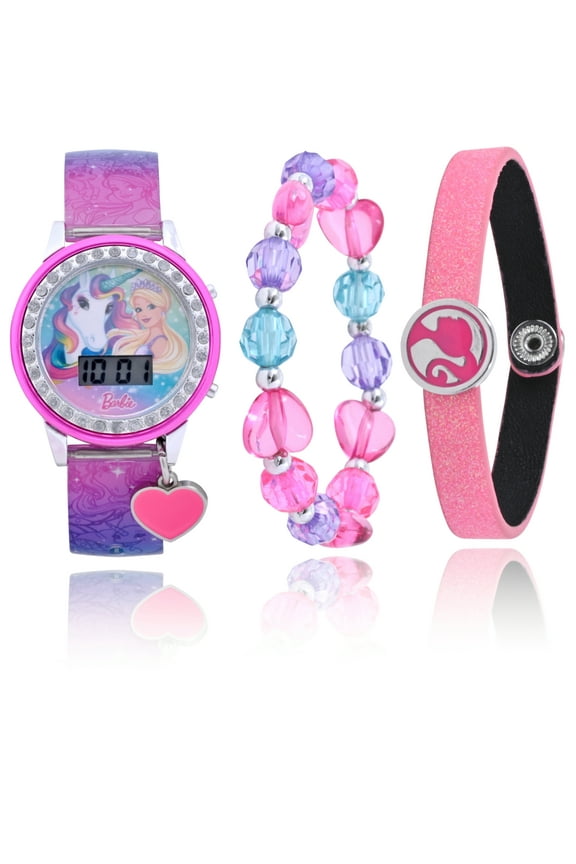 Mattel Barbie Girls Flashing LCD Pink Ombre Silicone Watch & Matching Bracelet 3 Piece Set