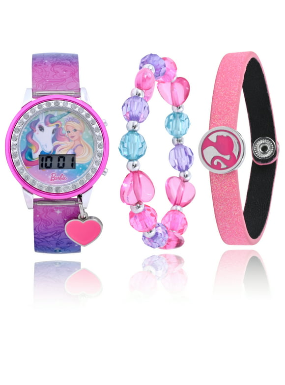 Mattel Barbie Girls Flashing LCD Pink Ombre Silicone Watch & Matching Bracelet 3 Piece Set