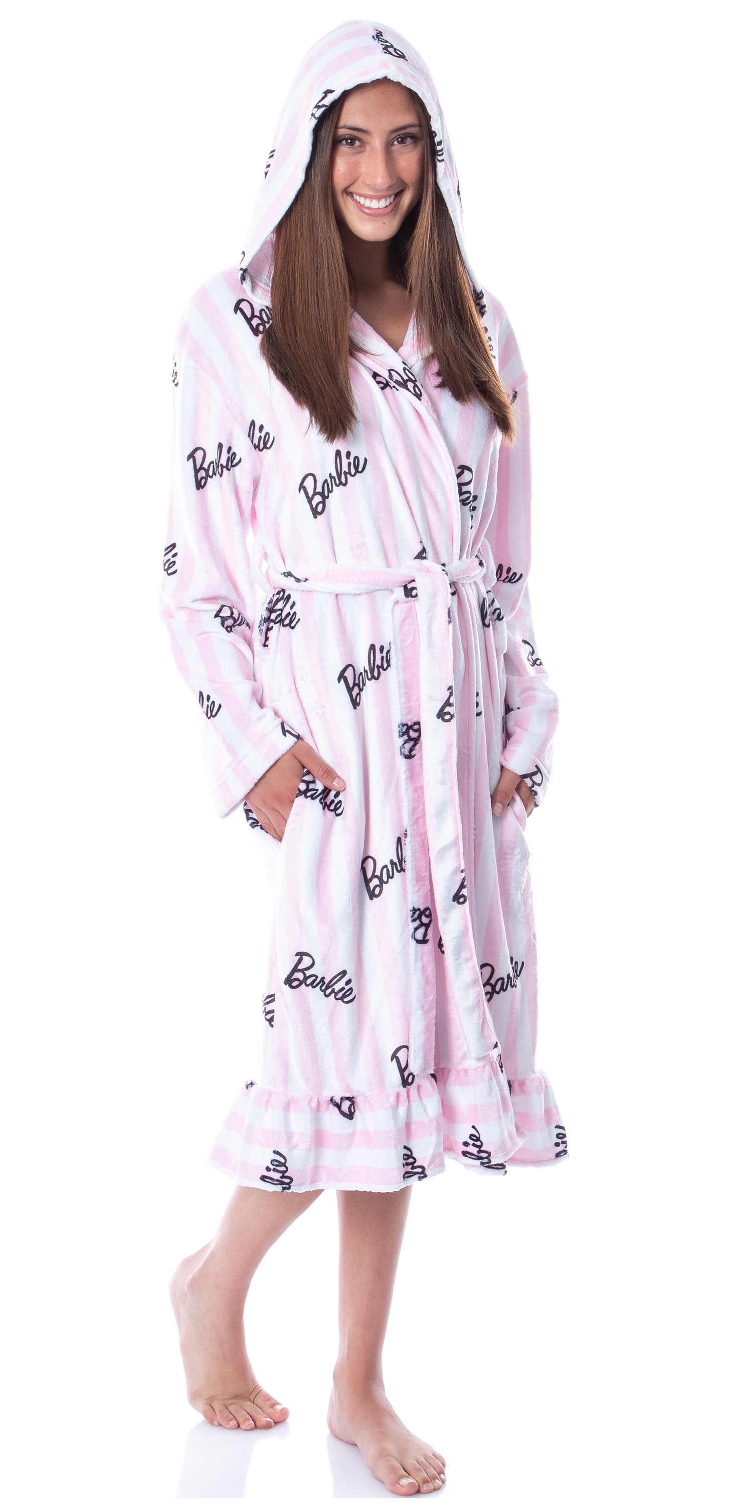 Mattel Barbie Logo Womens' Luxury Fleece Plush Robe Hooded Bathrobe XS
