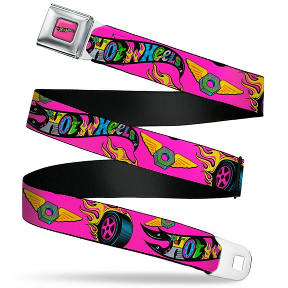 Mattel Belt, Seatbelt Buckle Belt, Hot Wheels Logo and Parts Collage Pink Black Multi Color, 30 to 44 Inches