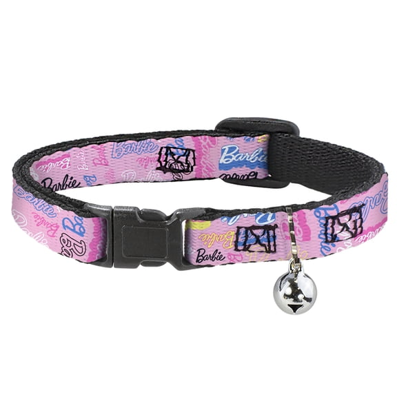 Mattel Cat Collar, Breakaway Collar with Bell, Barbie Script Signature Collage Pink Multi Color, 8.5 to 12 Inches 0.5 Inch Wide